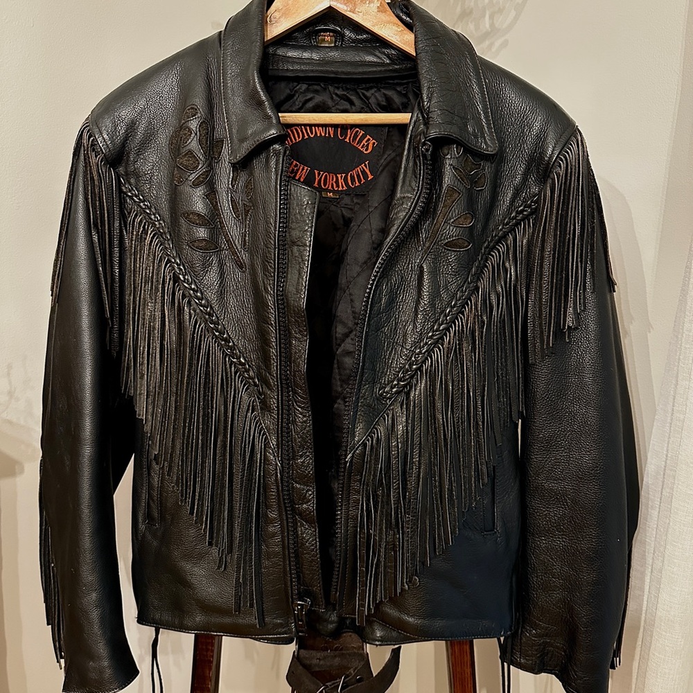 Chic Black Leather Fringe Bomber Jacket